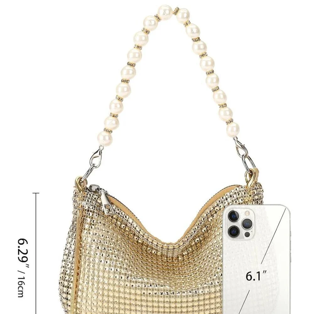 Vegan Leather Clutch Purse Silver Rhinestone Evening Bag with Detachable Chain